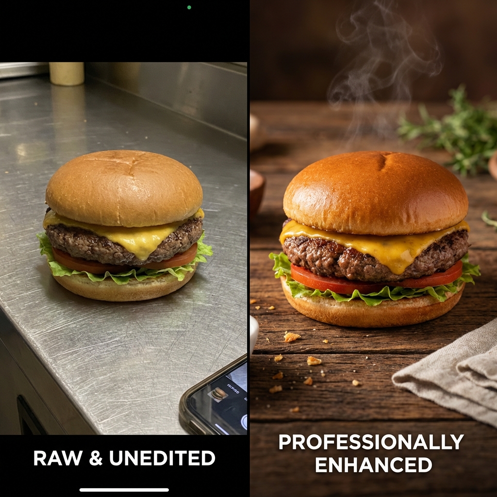 Comparativo entre foto real de restaurante e edição ética com IA