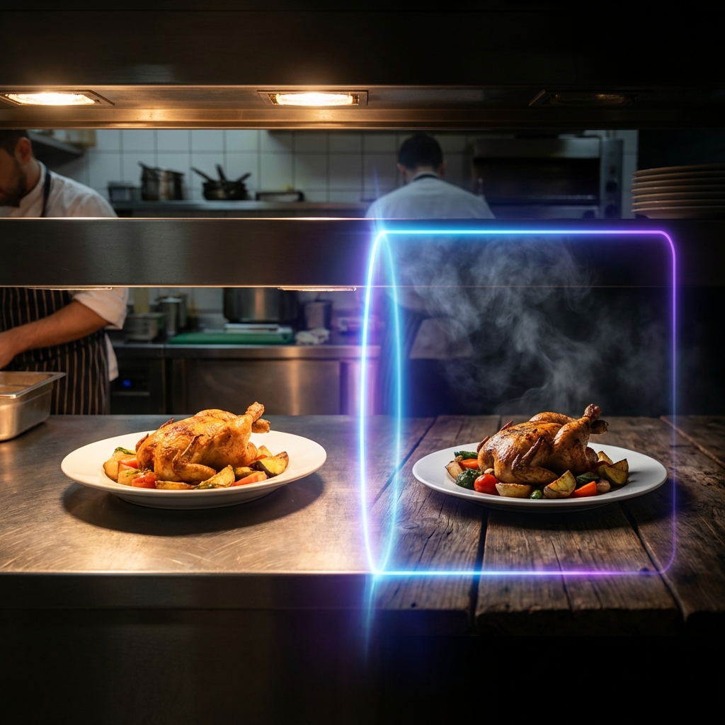 Bancada de cozinha comum transformada em estúdio fotográfico profissional por IA