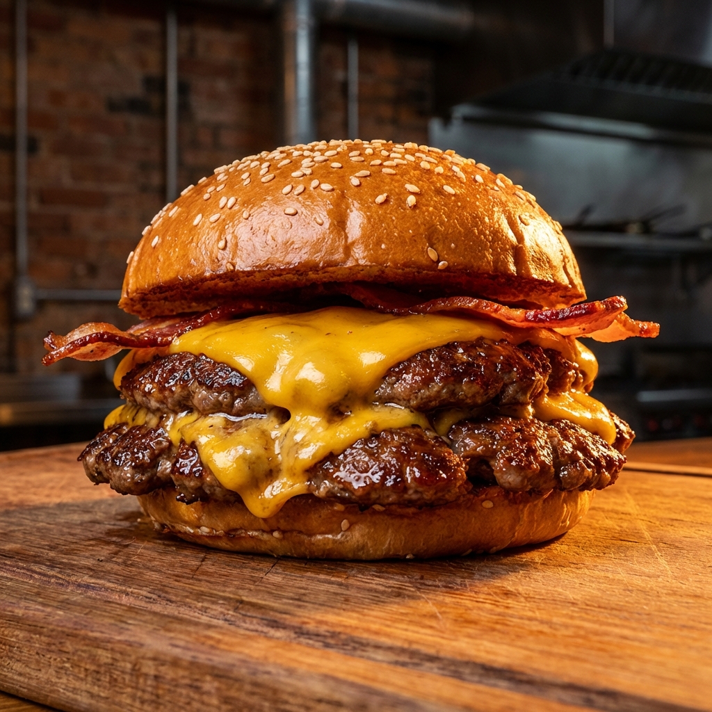 Hamburguer suculento com queijo derretendo e luz lateral estratégica