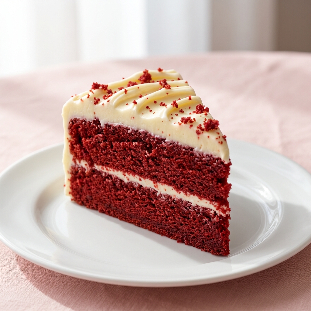 Fatia de bolo Red Velvet com cobertura cremosa e luz suave