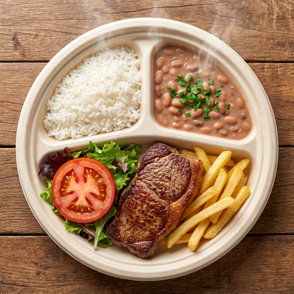 Marmitex generosa e organizada com luz clara e caseira