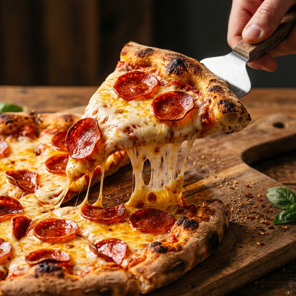 Pizza de Pepperoni com fatia sendo levantada e queijo derretendo (cheese pull)