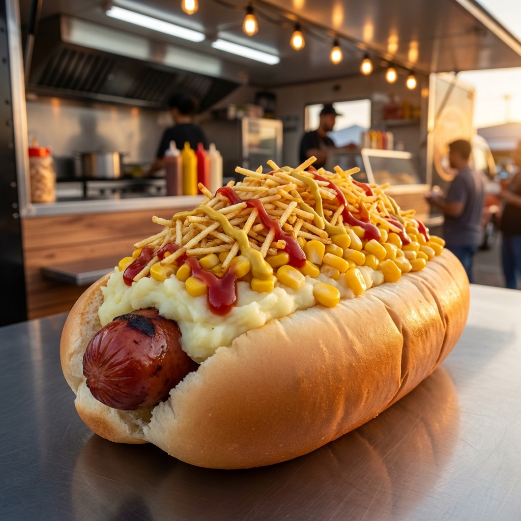 Hot dog generoso com muitos acompanhamentos e luz convidativa